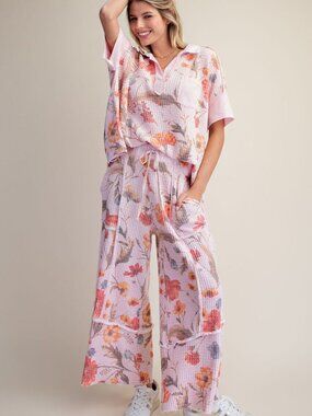 EASEL FLORAL PRINT WASHED WAFFLE PANTS 60%COTTON 40%POLYESTER